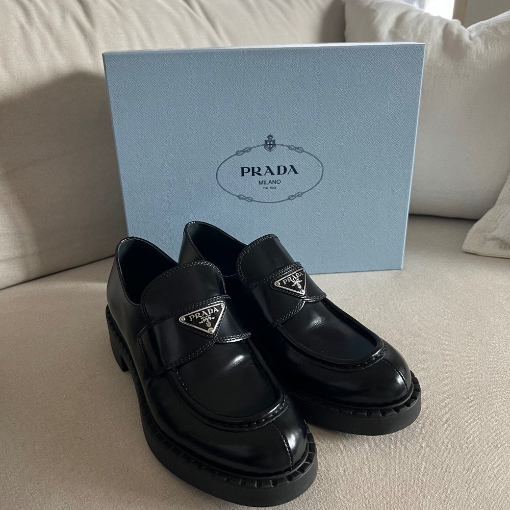 Prada Chocolate Brushed Leather Loafers - Black